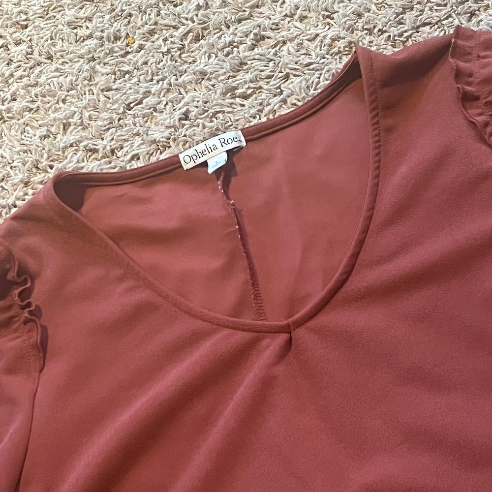 Ophelia Roe Womens Terracotta Rust V-Neck Ruffle Puff Shoulder Blouse Top‎ Large